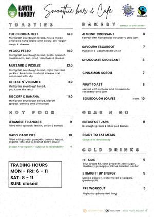 Updated menu (back) Oct'24 at Earth to Body Cafe in Croydon