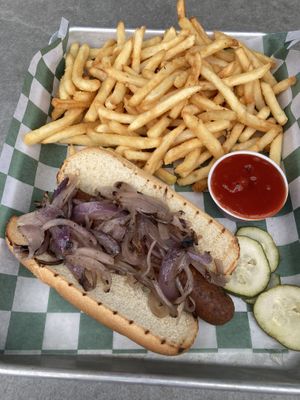 Vegan eggplant based sausage and fries  at Biergarten in Santa Barbara