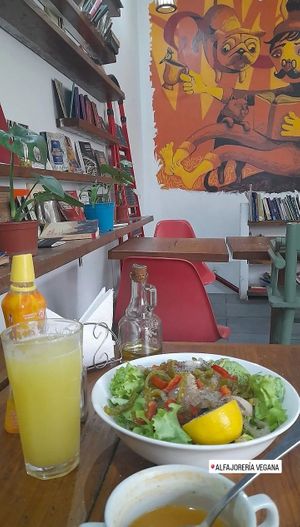 Ensalada quillay con sopita de verduras y juguito de piña. at Alfajoreria Vegana in Santiago