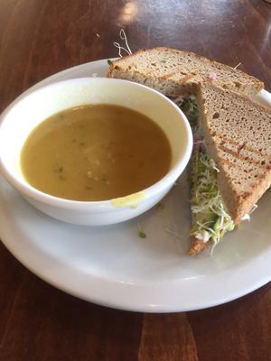 Garden avocado sandwich on gluten free bread with cheezy potato soup at Chaco Canyon Organic Cafe - West in Seattle