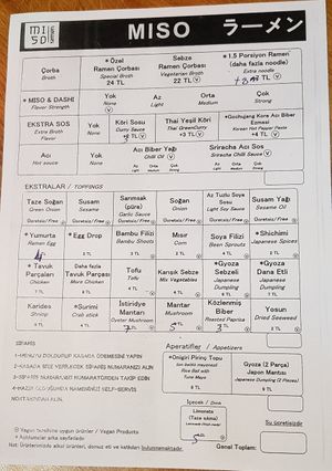 The menu at Miso Ramen in Istanbul