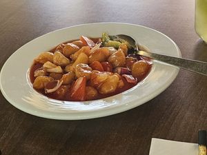 Cantonese style sweet and sour vegan chicken - best ever at Vegan Planet in North West London