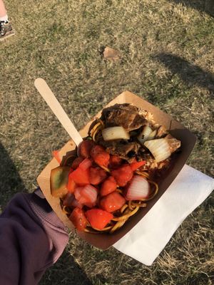 Noodles with bean sprouts, fried rice, black bean beef and sweet&sour chicken (£10, very filling).  at Vegan Planet in North West London