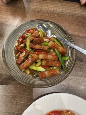 Vegan meat and asparagus   at Vegan Planet in North West London