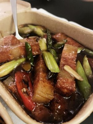 Vegan pork with asparagus  at Vegan Planet in North West London