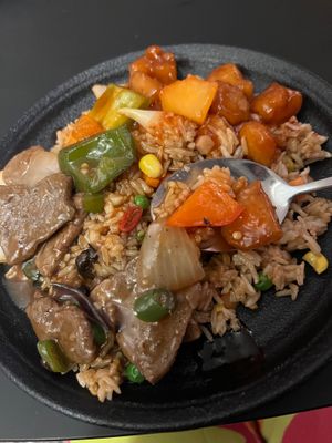 Full plate of Chinese vegan goodness (with veggie rice) at Vegan Planet in North West London