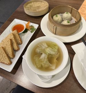 Wonton soup, shanghai xiao long bao, sesame prawn on toast   at Vegan Planet in North West London