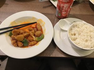 Sweet and sour chicken and rice   at Vegan Planet in North West London