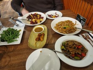 Stirfry french beans, Peppercorn 'chicken', 'Chicken' satay, Special Fried Noodles, Black Bean Vegan Beef at Vegan Planet in North West London