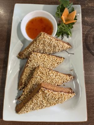 Sesame prawn on toast  at Vegan Planet in North West London