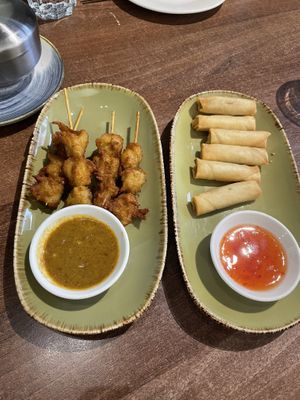 Satay fake chicken skewers and spring rolls  at Vegan Planet in North West London
