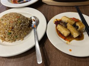 Tofu in black bean sauce with special fried rice.   at Vegan Planet in North West London