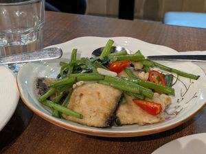 STIR-FRIED MORNING GLORY WITH VEGAN FISH 素魚燒空心菜 at Vegan Planet in North West London