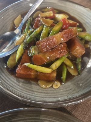 Asparagus and “pork” chops  at Vegan Planet in North West London
