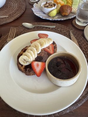 Hot Cakes with warm red berries syrup   at BIO at Xcaret Mexico in Playa Del Carmen