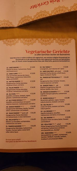 Vegetarische Karte at Kashmir in Freiburg