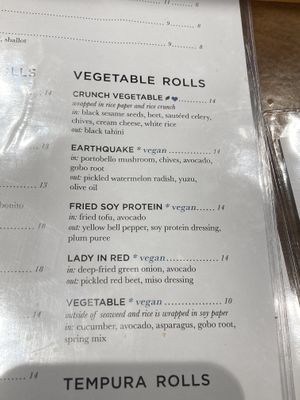 Vegan labeled veggie rolls  at Blue Ocean in Carlsbad