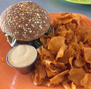 black bean burger with house made sweet potato chips at Lotus Leaf Cafe in Wichita