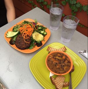 black bean burger salad & black bean sweet potato soup at Lotus Leaf Cafe in Wichita