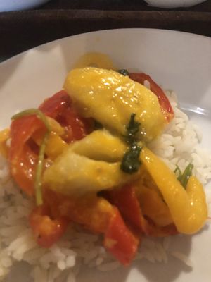 Another picture of same meal. Peppers and bananas with rice and a delicious thick sauce on top   at Barcaxeira Porto de Galinhas in Ipojuca