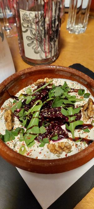 Beetroot with whipped "goat cheese" at Refuel Your Soul in North London