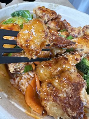 Cauliflower bowl. White rice, steamed broccoli and carrots. The fried cauliflower is in a delicious sauce. We also got the breakfast burrito and saved it for dinner later. Yummy!  at Ziggy's in Paso Robles