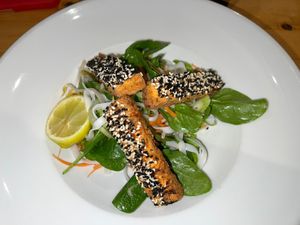 Chili and Lime Rice Noodle Salad with Sesame Crusted Tofu  at Relishes in Wanaka