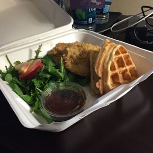 Vegan chicken and waffles to go! at Fiction Kitchen in Raleigh