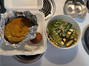 Takeout of risotto and cornbread. Both to die for.  at Fiction Kitchen in Raleigh