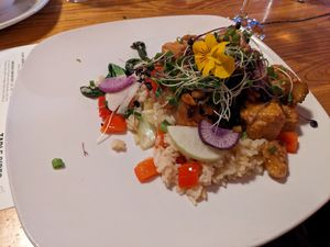 Crispy tofu stir fry special farmers plate at Fiction Kitchen in Raleigh