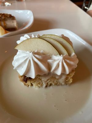 Tres Leches cake with the seasonal fruit: pears at Fiction Kitchen in Raleigh