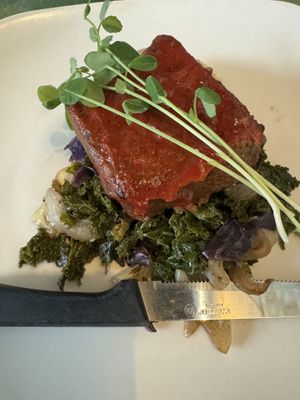Meatloaf with mashed potatoes and mixed greens  at Fiction Kitchen in Raleigh
