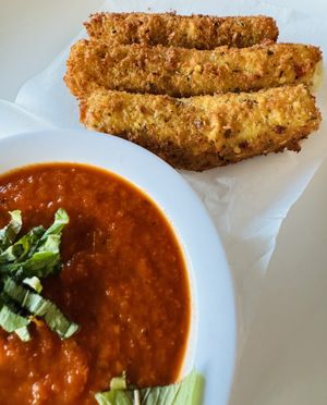 Mozzarella sticks made with potato starch!   at Fiction Kitchen in Raleigh