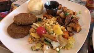 Farmers plate with root vegetable hash and ";soysage"; at Fiction Kitchen in Raleigh