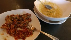 cornmeal breaded mushrooms and corn soup at Fiction Kitchen in Raleigh