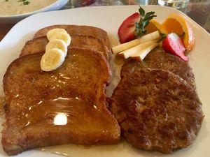 Vegan French toast and soysage  at Fiction Kitchen in Raleigh