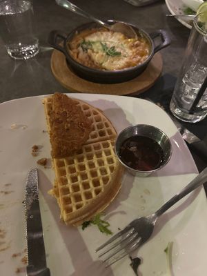 Chik’n and waffles with arugula as well as Mac and cheese    at Fiction Kitchen in Raleigh