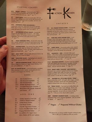 Menu at Fiction Kitchen in Raleigh