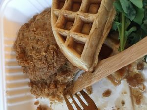 “Chicken” and waffles at Fiction Kitchen in Raleigh