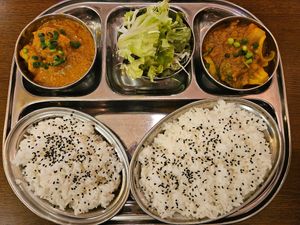 Nepali set, 2*curries, 1* rice, 1*naan (not vegan, so switch to more rice), 1*salad (dressing not vegan), 1*beverage, 1,780 Yen at Kasthamandap Shuri in Naha