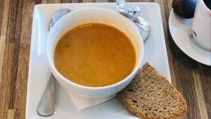 Traditional Lentil soup (what's in the foil is half a lime) at La Poire in Alexandria