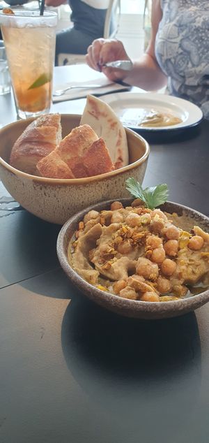 Vegan eggplant dip and breads (after we had already eaten some!) at Spero Greek Street in Mooloolaba