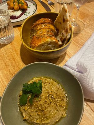 Aubergine dip with breads  at Spero Greek Street in Mooloolaba