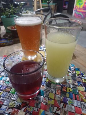 Home-brewed beer, Jamaica-Kombucha & fermented pineaple juice at Huerto En El Barrio in Guadalajara