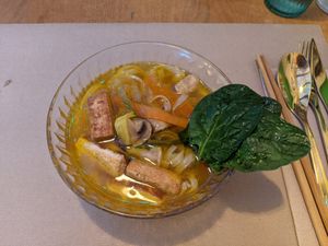 Ramen with rice noodles, tofu, mushrooms and spinach at A Corre Vexeta in Santiago De Compostela