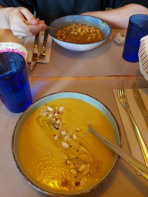 Pumpkin soup and callos both AMAZING at A Corre Vexeta in Santiago De Compostela