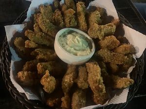 Fried eggplant served with garlic sauce at Belle de Jour Botequim in Natal