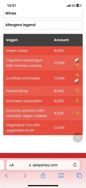 Vegan section of their menu - online at https://seisperlas.com/menu?lang=en  at Restaurante Seis Perlas in El Campello