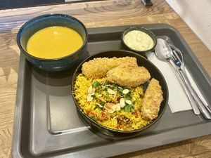 Apricot soup, fried seitan, couscous and veganez  at Ropogó in Budapest