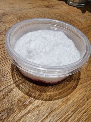 Coconut tapioca with forest fruits at Ropogó in Budapest